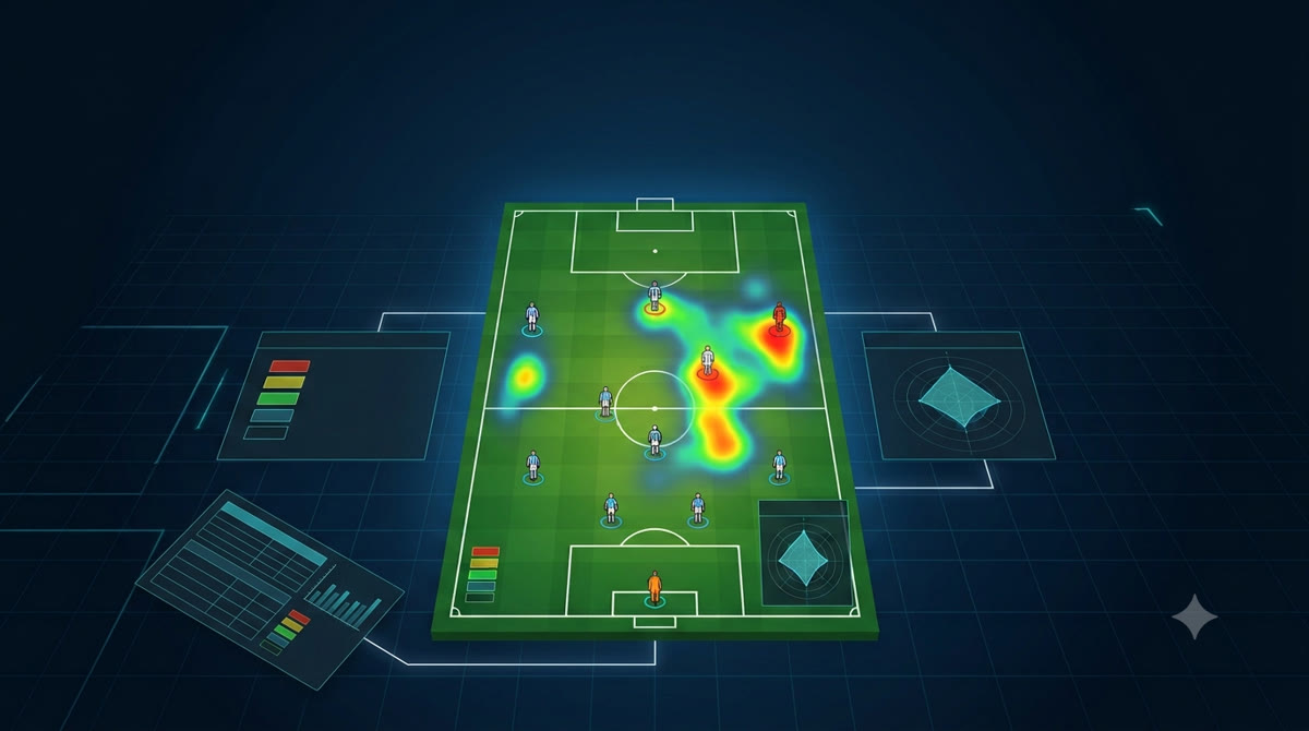 Fussballfeld von schräg oben mit farbiger Heatmap und Analyse-Panels