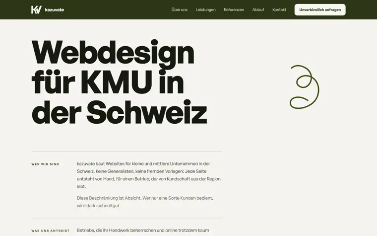 Startseite von kazuvate.ch mit der Überschrift „Webdesign für KMU in der Schweiz“