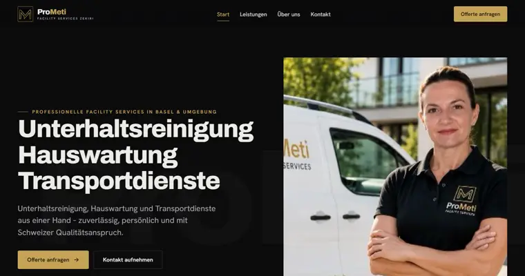 Startseite von prometizekiri.com: dunkler Kopfbereich, daneben eine Mitarbeiterin vor dem Firmenfahrzeug