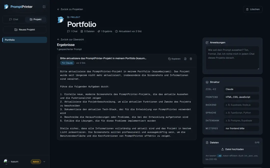 Die Ergebnisse eines Projekts: ein gespeicherter Prompt