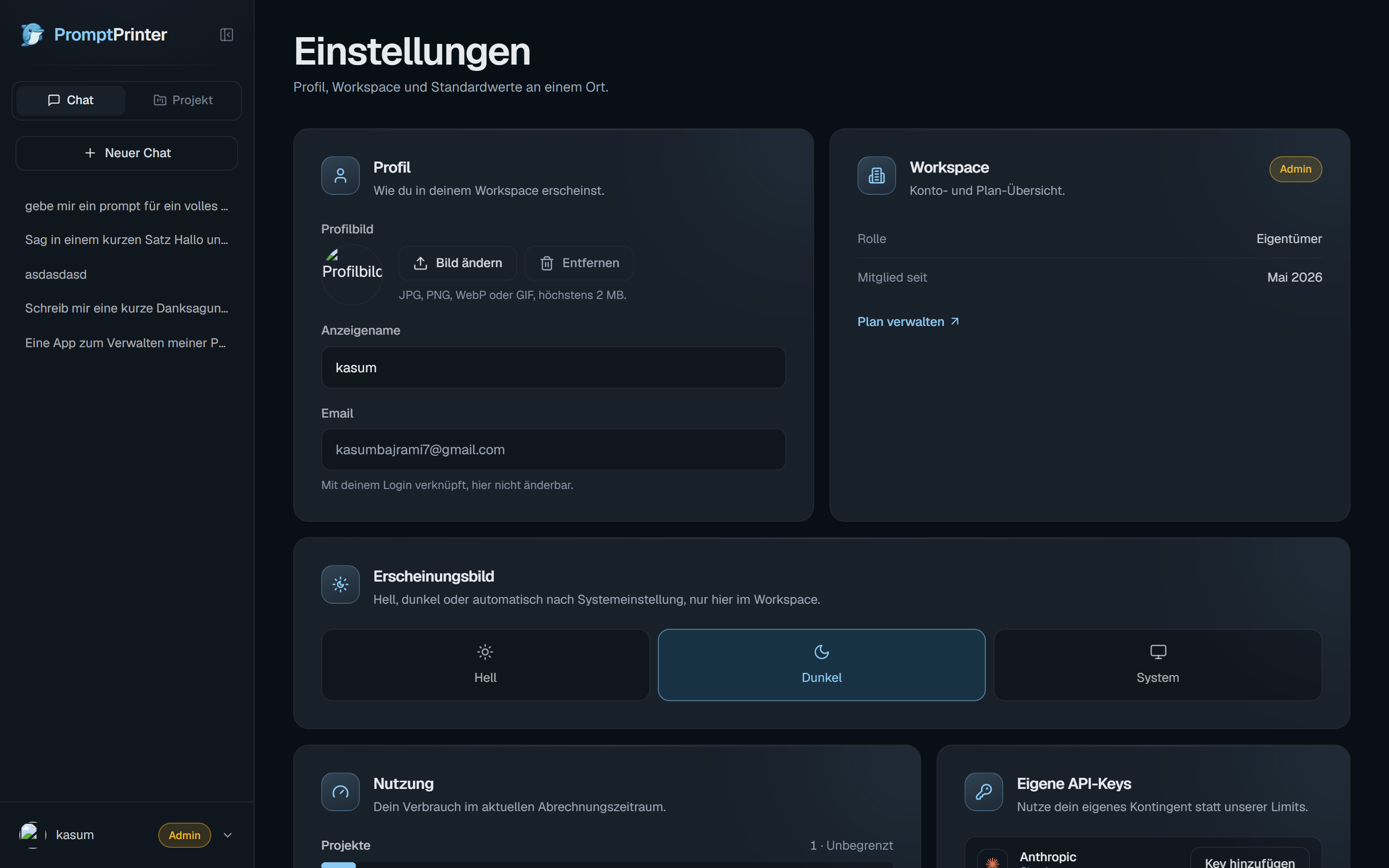 Einstellungen mit eigenen API-Keys