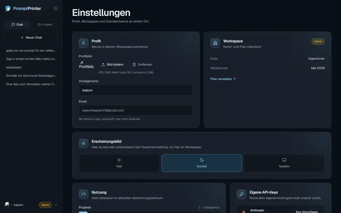 Einstellungen mit eigenen API-Keys