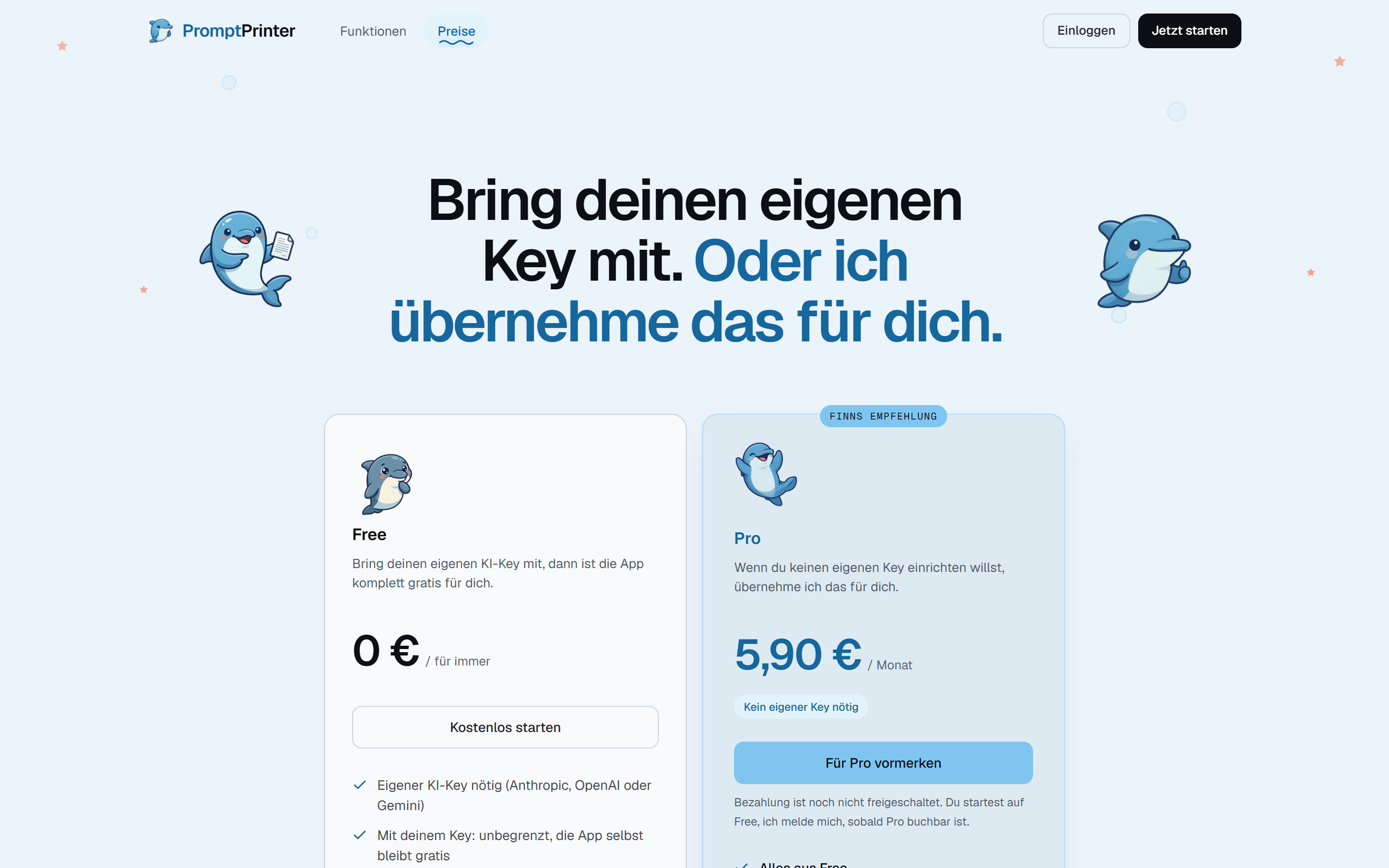 Preisseite mit Free- und Pro-Tarif
