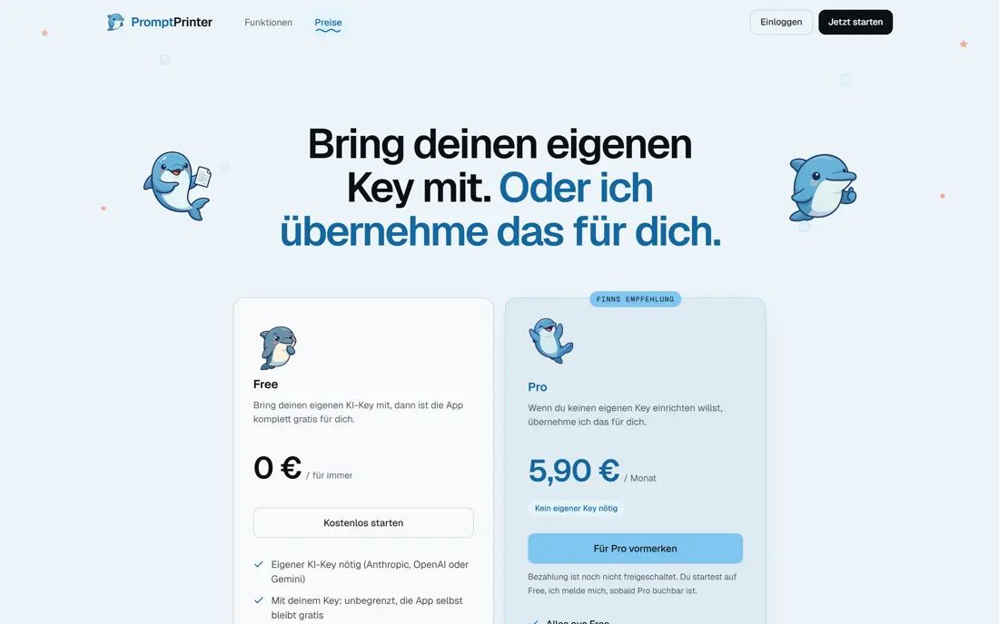 Preisseite mit Free- und Pro-Tarif