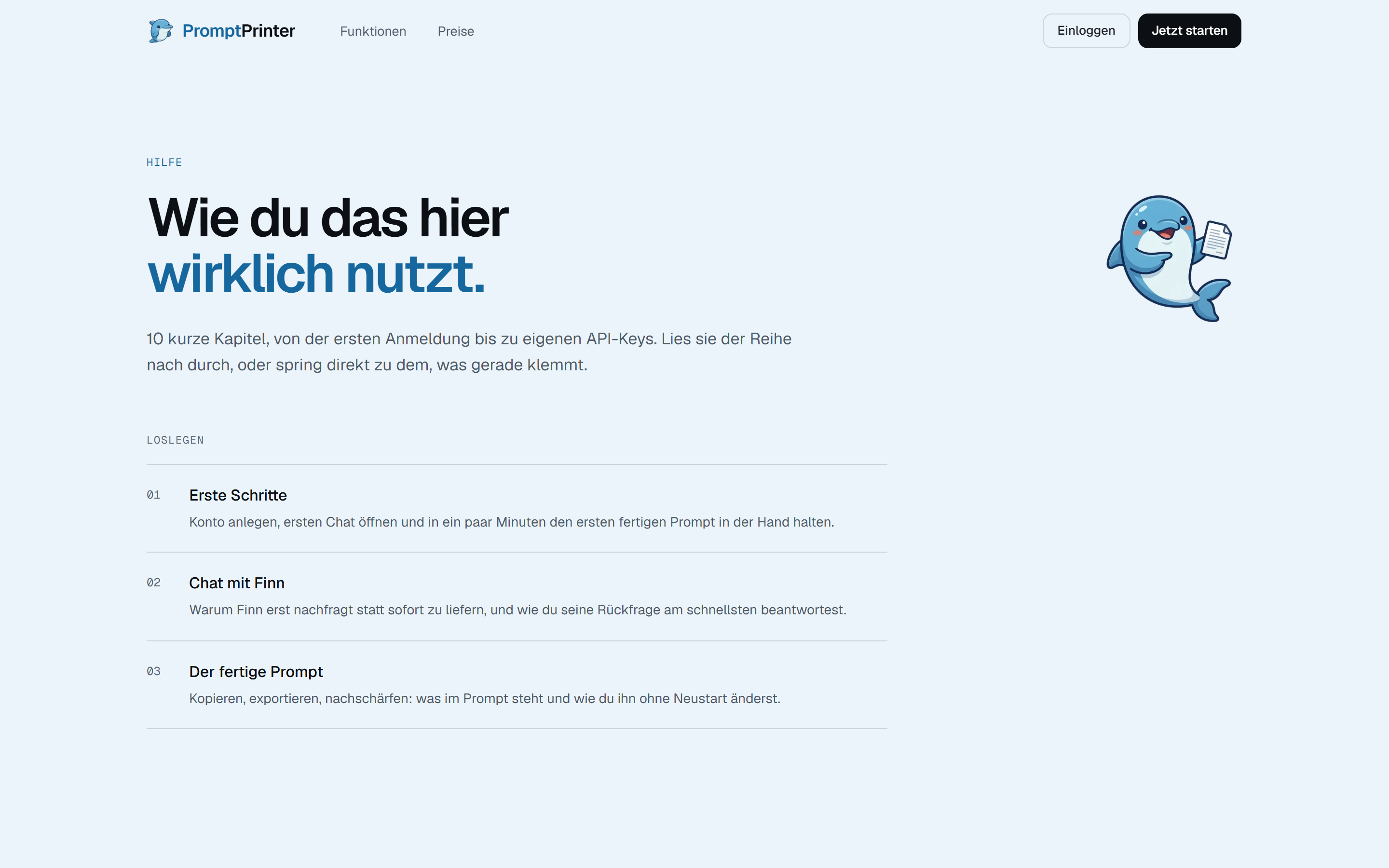 Das Hilfe-Center mit zehn Kapiteln