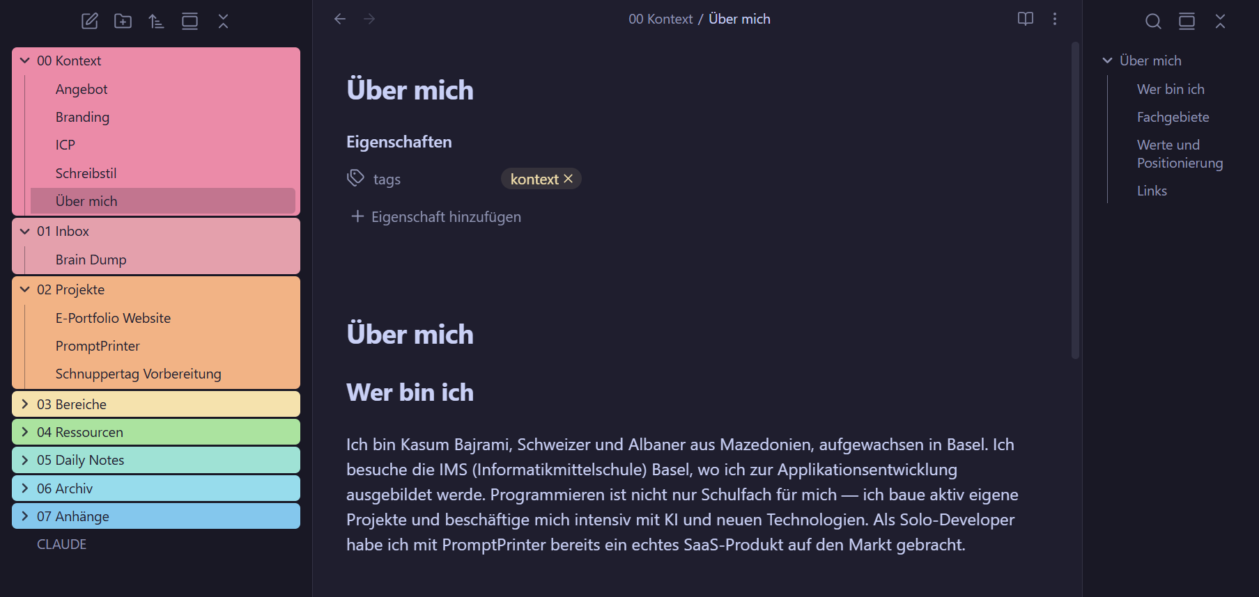 Eine Notiz aus 00 Kontext mit YAML-Properties und Outline-Panel